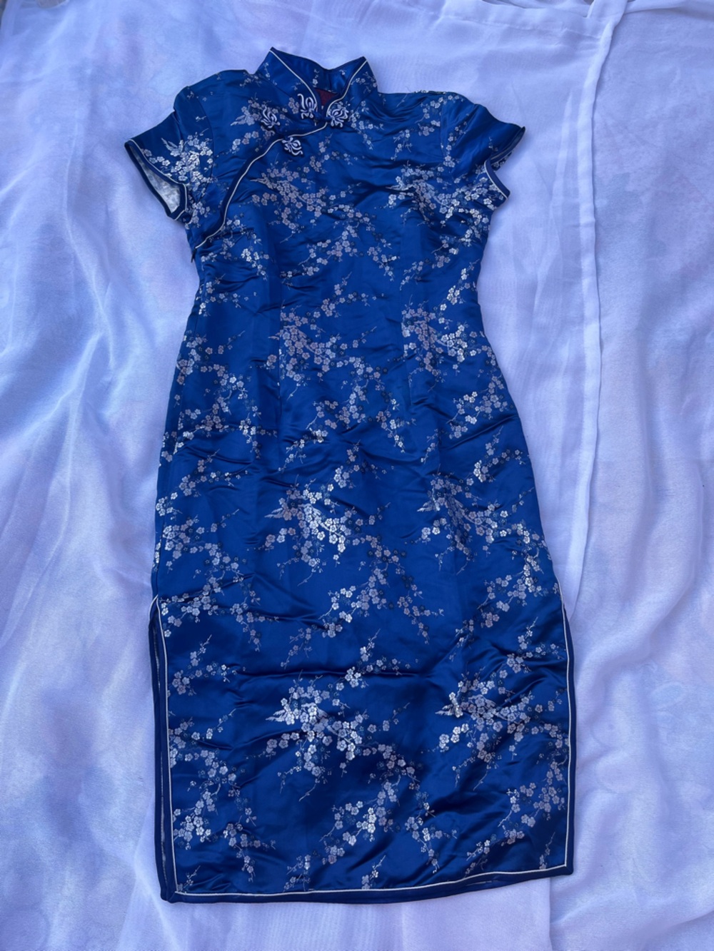 Blue Floral Satin Dress